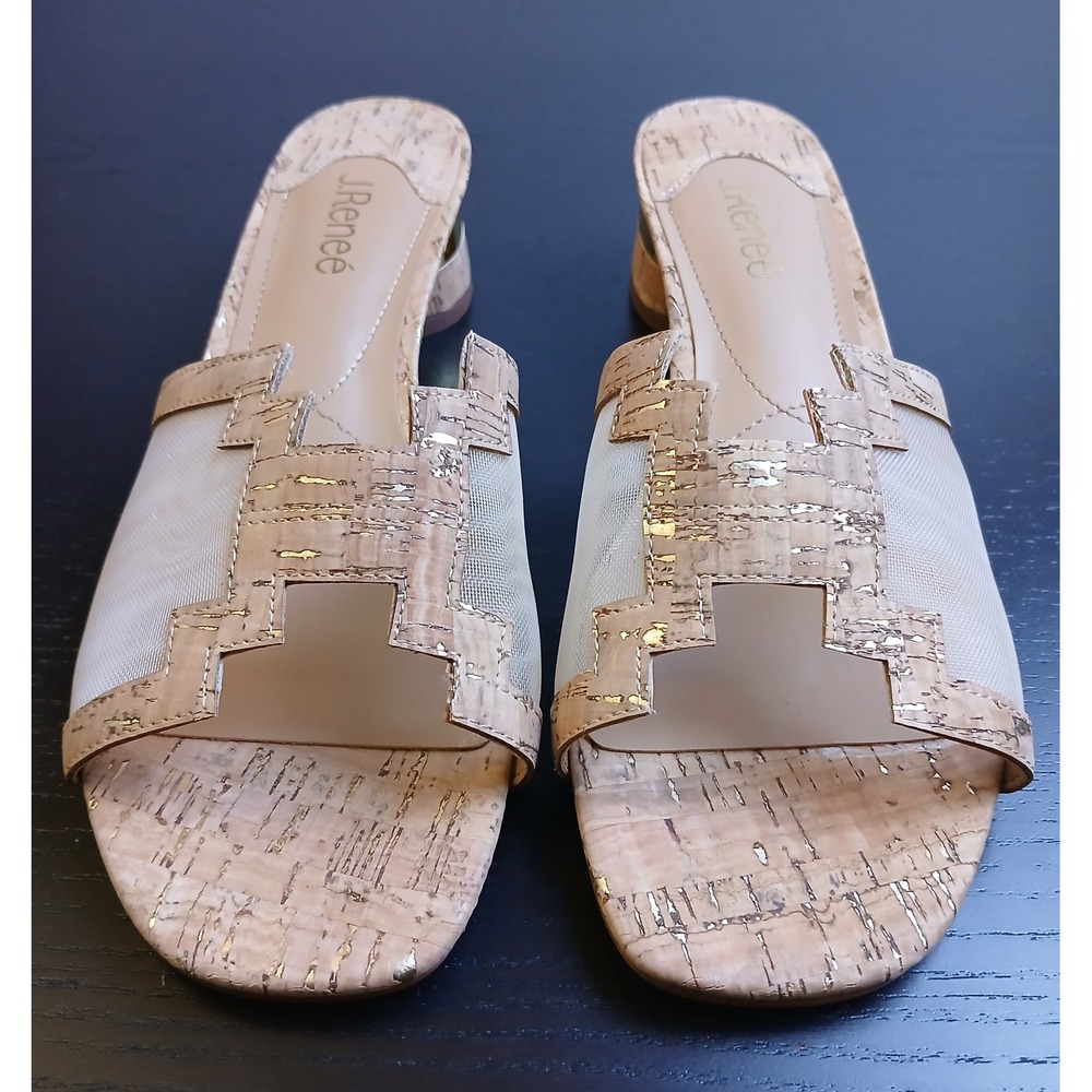J. Renee Women Natural Gold Cork Mesh Slide Sandals Low Block Heel Size 11M
